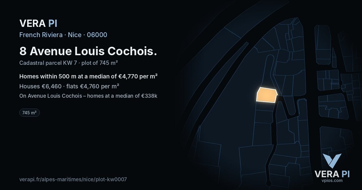 8 Avenue Louis Cochois, Nice at night – the plot lit, the parcels around coloured by the prices near them