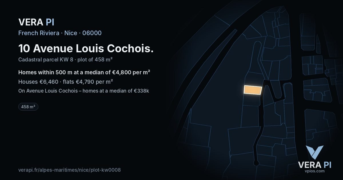 10 Avenue Louis Cochois, Nice at night – the plot lit, the parcels around coloured by the prices near them