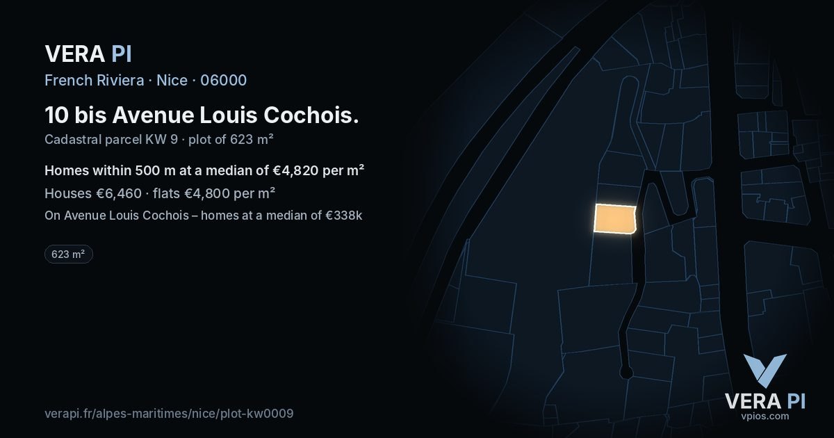 10 bis Avenue Louis Cochois, Nice at night – the plot lit, the parcels around coloured by the prices near them