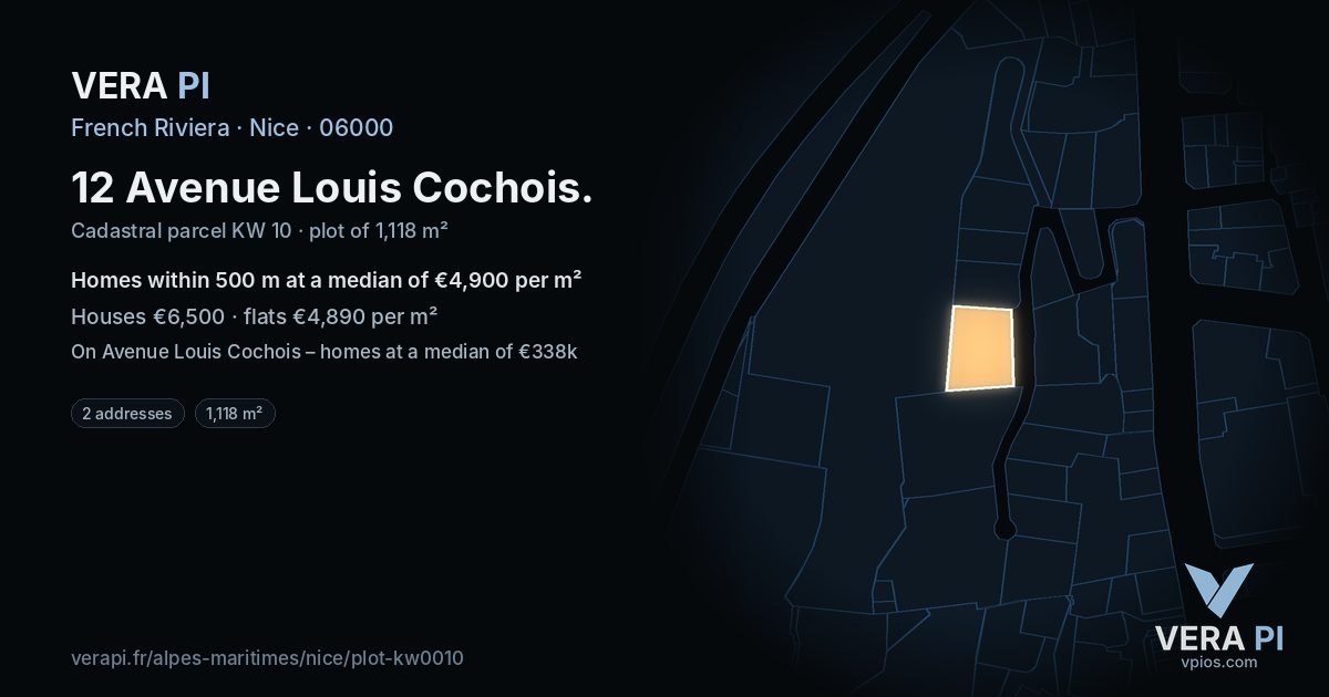 12 Avenue Louis Cochois, Nice at night – the plot lit, the parcels around coloured by the prices near them