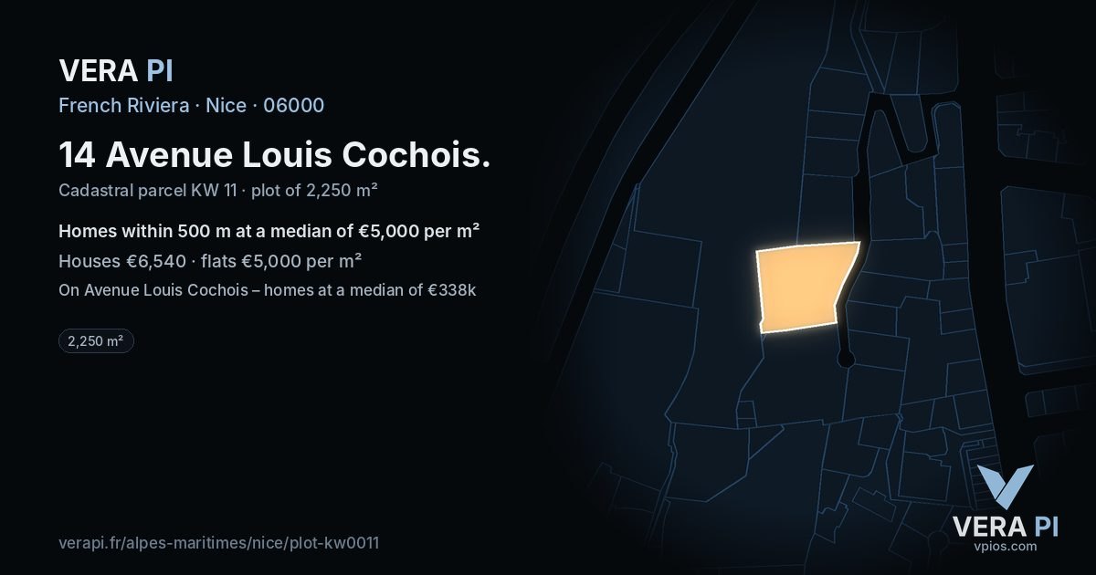 14 Avenue Louis Cochois, Nice at night – the plot lit, the parcels around coloured by the prices near them