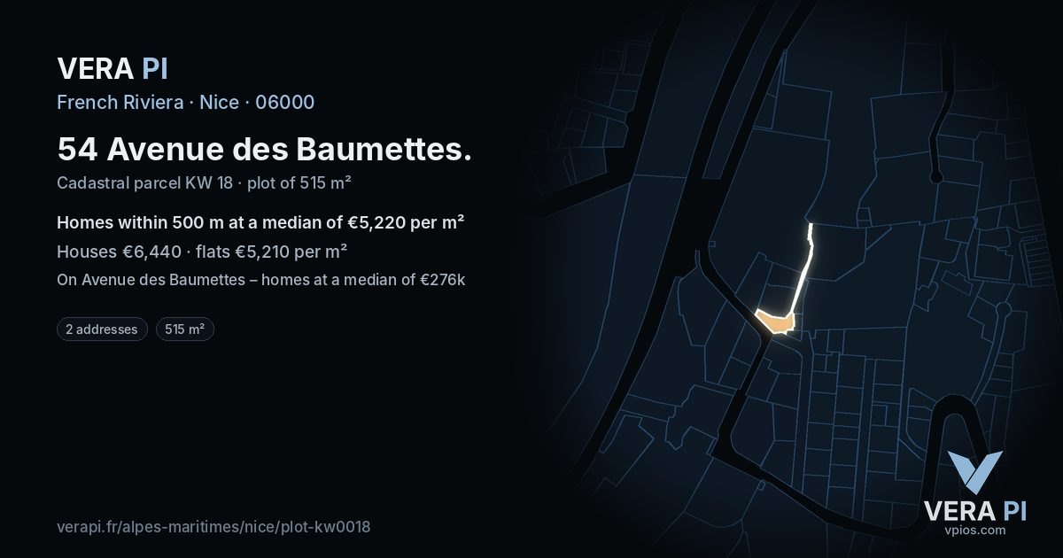 54 Avenue des Baumettes, Nice at night – the plot lit, the parcels around coloured by the prices near them