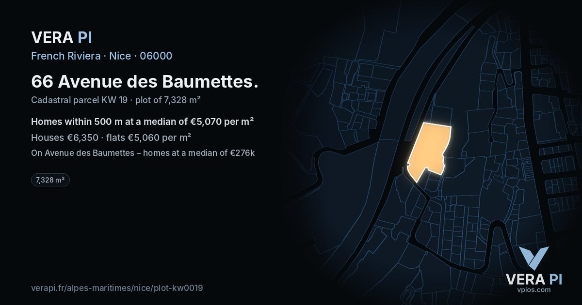 66 Avenue des Baumettes, Nice at night – the plot lit, the parcels around coloured by the prices near them