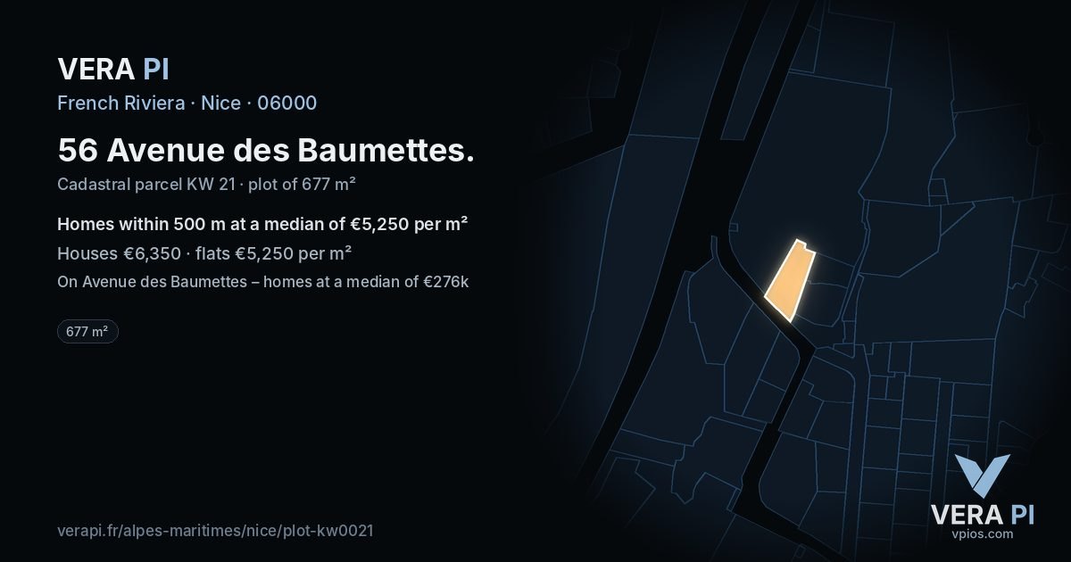 56 Avenue des Baumettes, Nice at night – the plot lit, the parcels around coloured by the prices near them