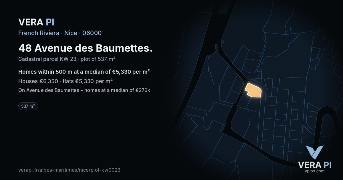 48 Avenue des Baumettes, Nice at night – the plot lit, the parcels around coloured by the prices near them