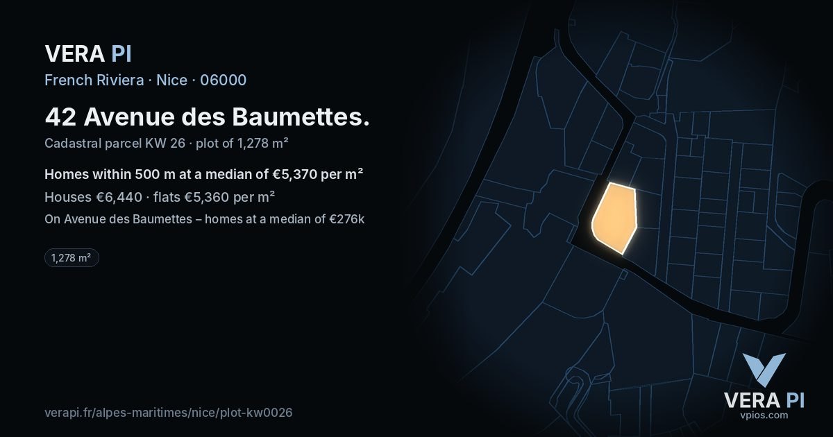 42 Avenue des Baumettes, Nice at night – the plot lit, the parcels around coloured by the prices near them