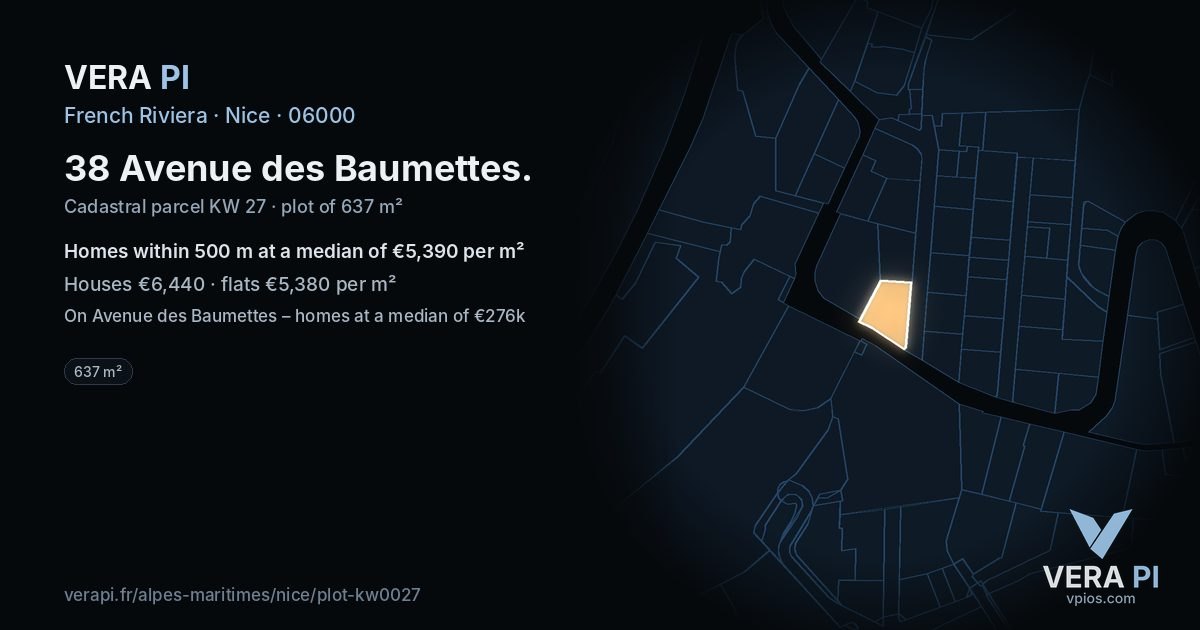 38 Avenue des Baumettes, Nice at night – the plot lit, the parcels around coloured by the prices near them