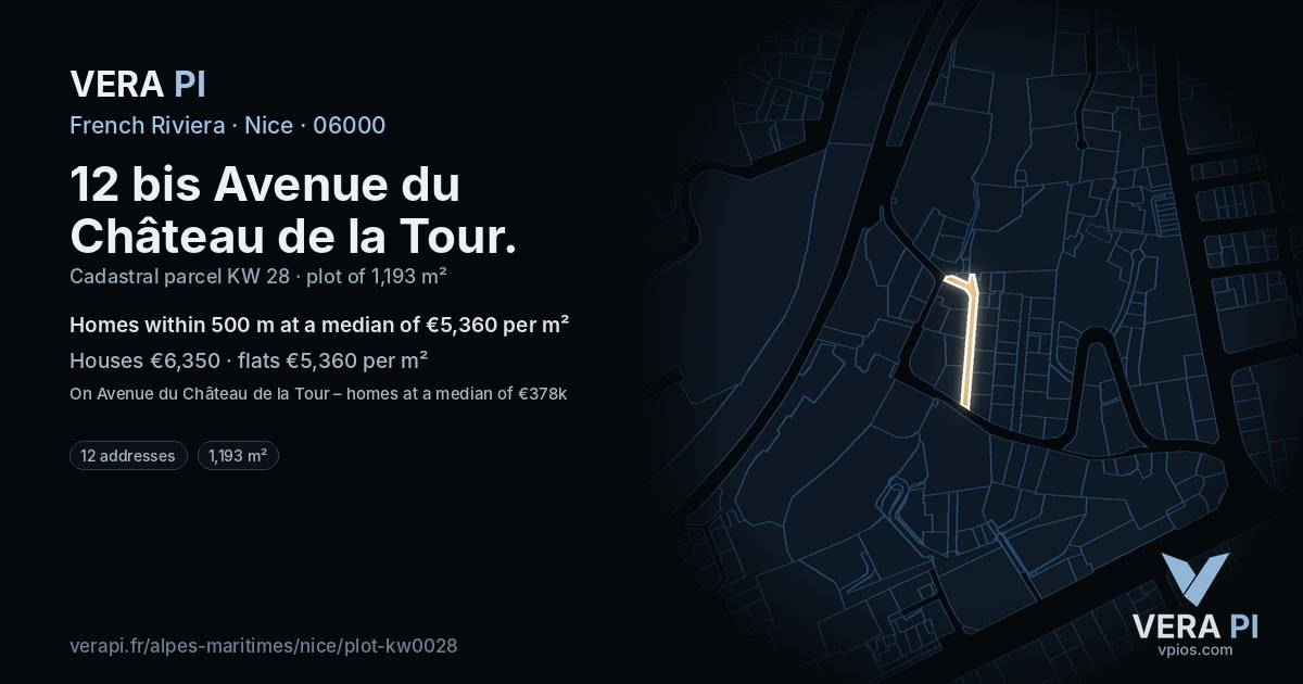 12 bis Avenue du Château de la Tour, Nice at night – the plot lit, the parcels around coloured by the prices near them