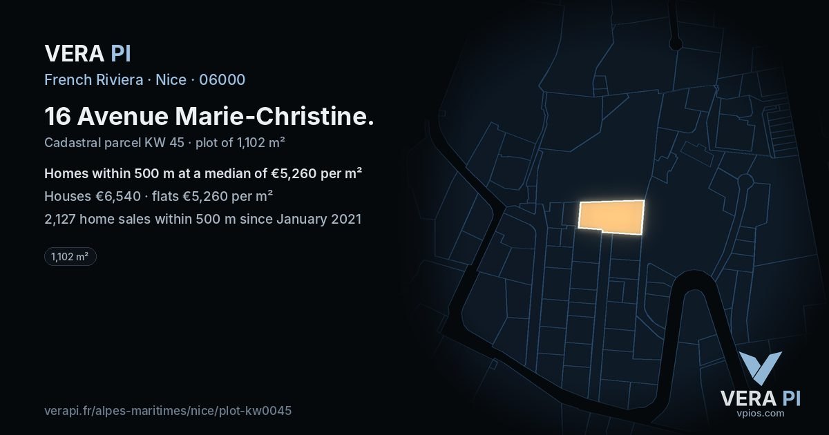 16 Avenue Marie-Christine, Nice at night – the plot lit, the parcels around coloured by the prices near them