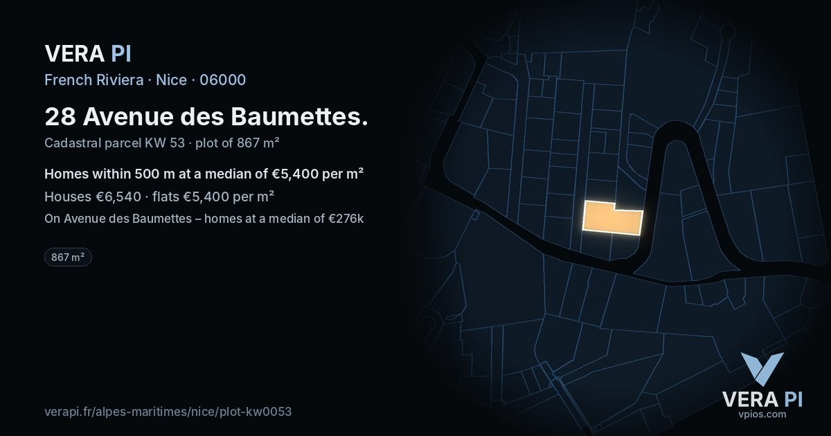 28 Avenue des Baumettes, Nice at night – the plot lit, the parcels around coloured by the prices near them