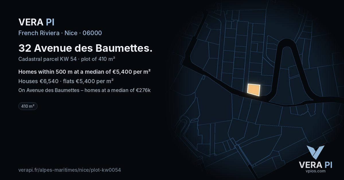 32 Avenue des Baumettes, Nice at night – the plot lit, the parcels around coloured by the prices near them