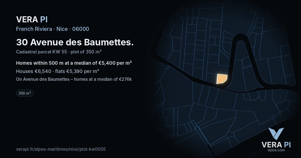 30 Avenue des Baumettes, Nice at night – the plot lit, the parcels around coloured by the prices near them