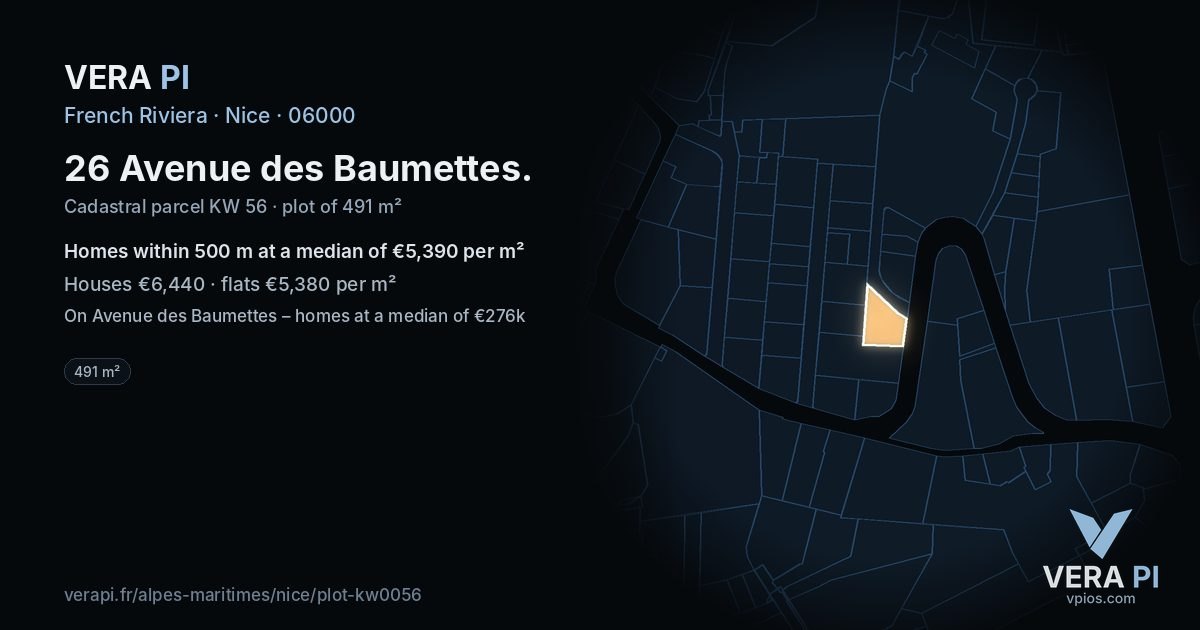 26 Avenue des Baumettes, Nice at night – the plot lit, the parcels around coloured by the prices near them