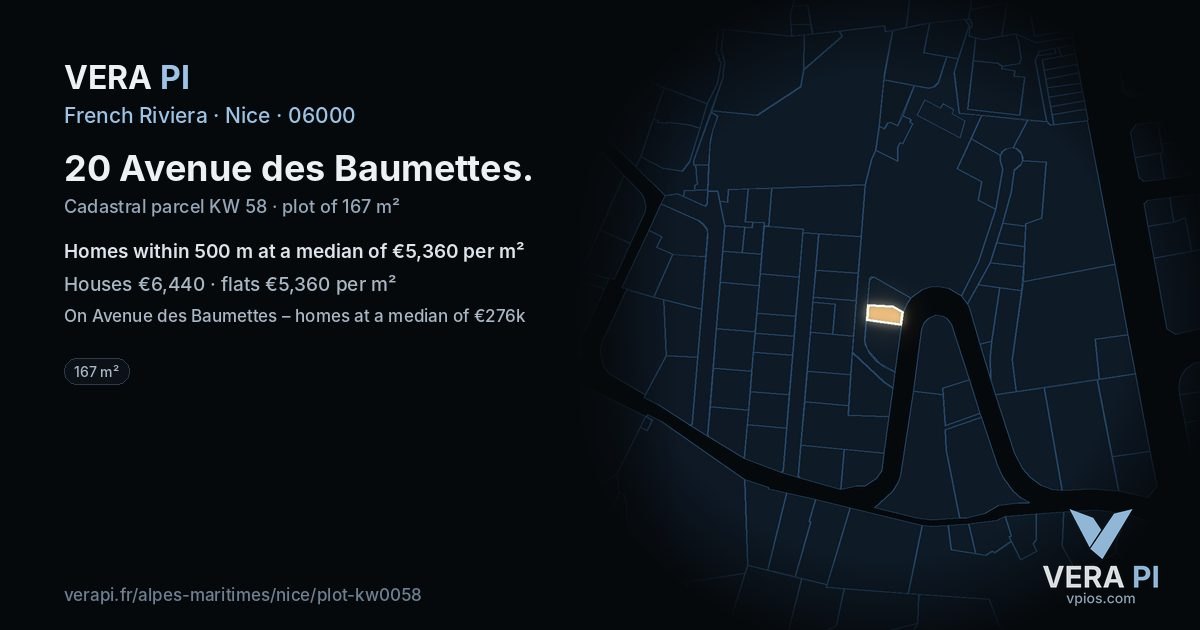 20 Avenue des Baumettes, Nice at night – the plot lit, the parcels around coloured by the prices near them