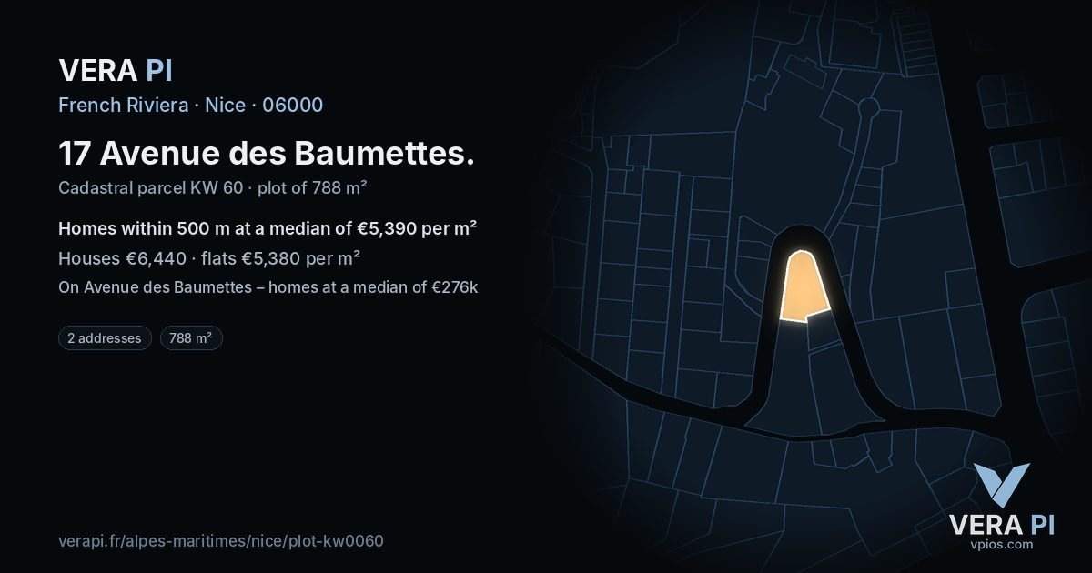 17 Avenue des Baumettes, Nice at night – the plot lit, the parcels around coloured by the prices near them
