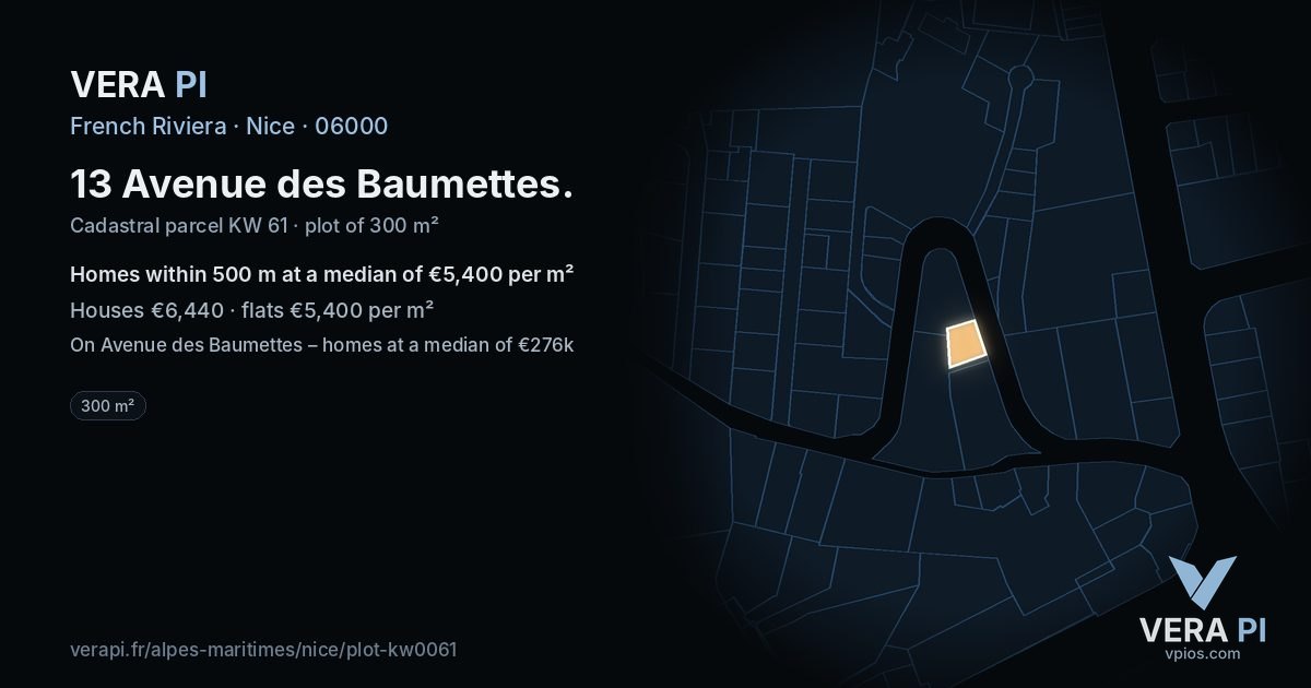 13 Avenue des Baumettes, Nice at night – the plot lit, the parcels around coloured by the prices near them