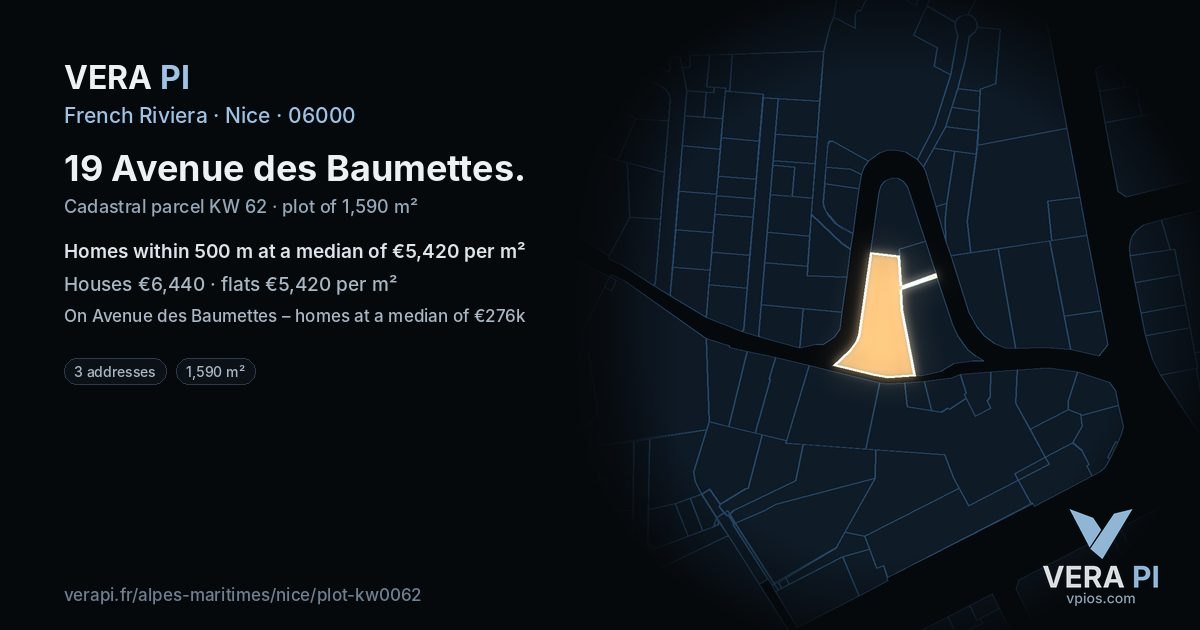 19 Avenue des Baumettes, Nice at night – the plot lit, the parcels around coloured by the prices near them