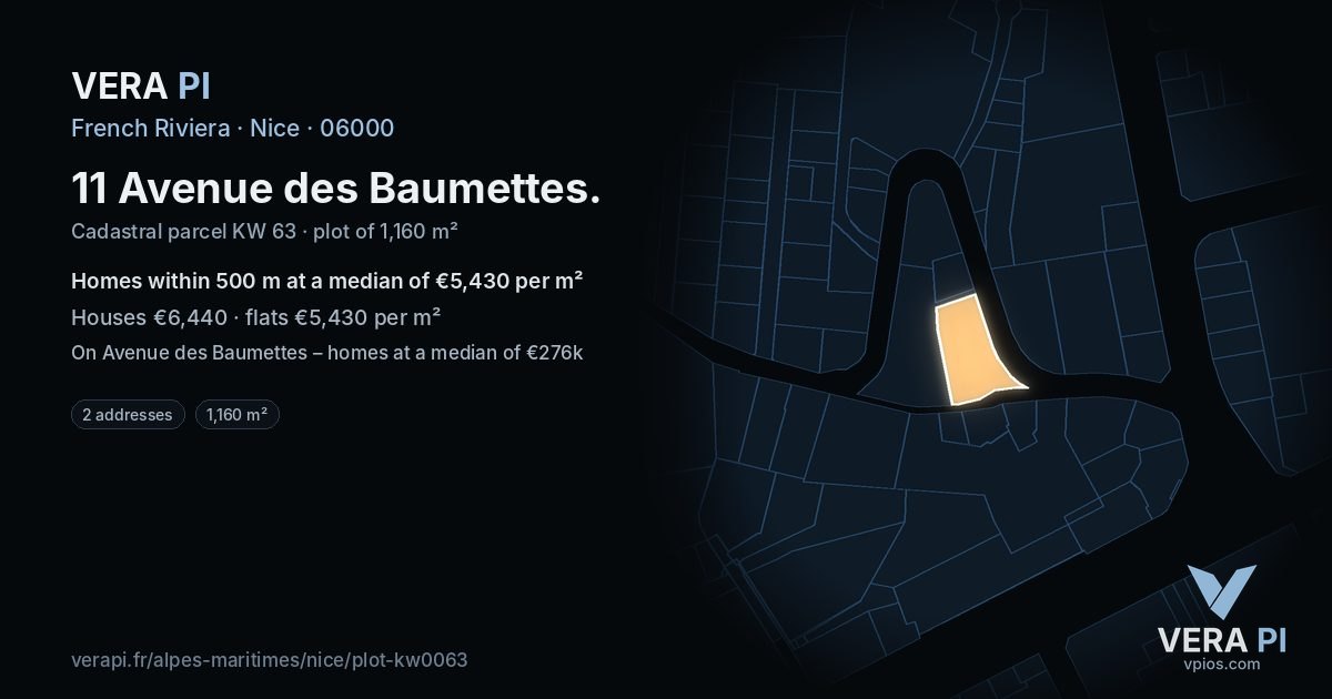 11 Avenue des Baumettes, Nice at night – the plot lit, the parcels around coloured by the prices near them