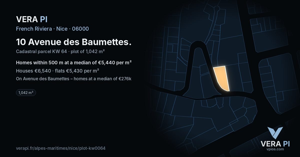10 Avenue des Baumettes, Nice at night – the plot lit, the parcels around coloured by the prices near them