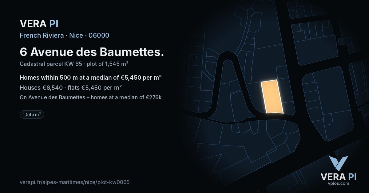 6 Avenue des Baumettes, Nice at night – the plot lit, the parcels around coloured by the prices near them