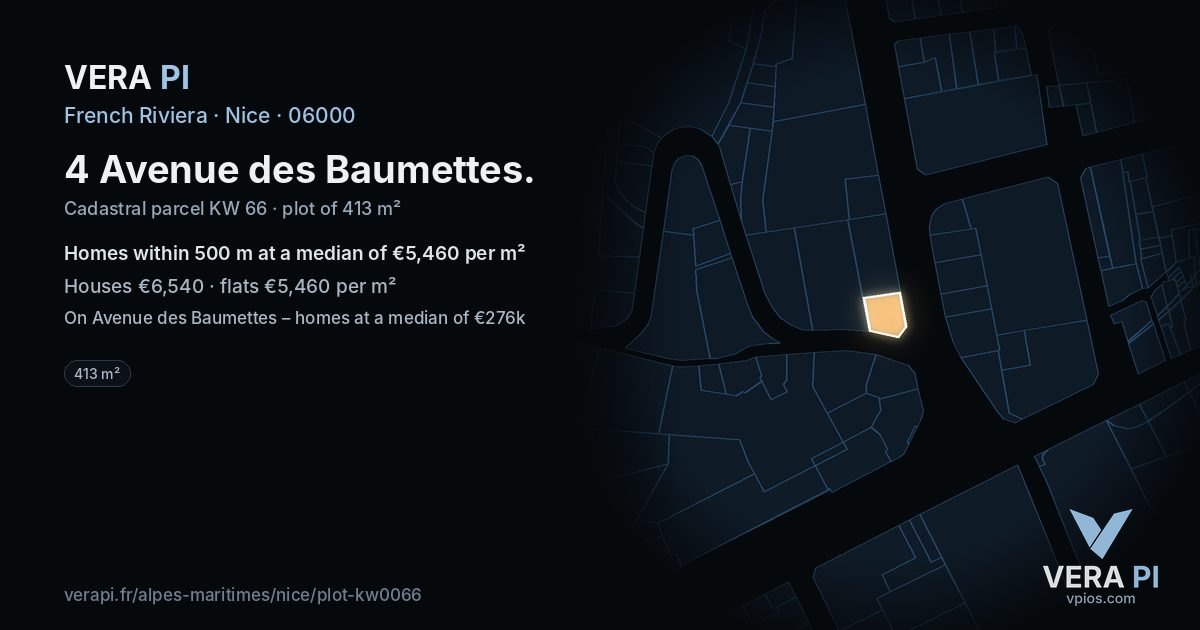4 Avenue des Baumettes, Nice at night – the plot lit, the parcels around coloured by the prices near them