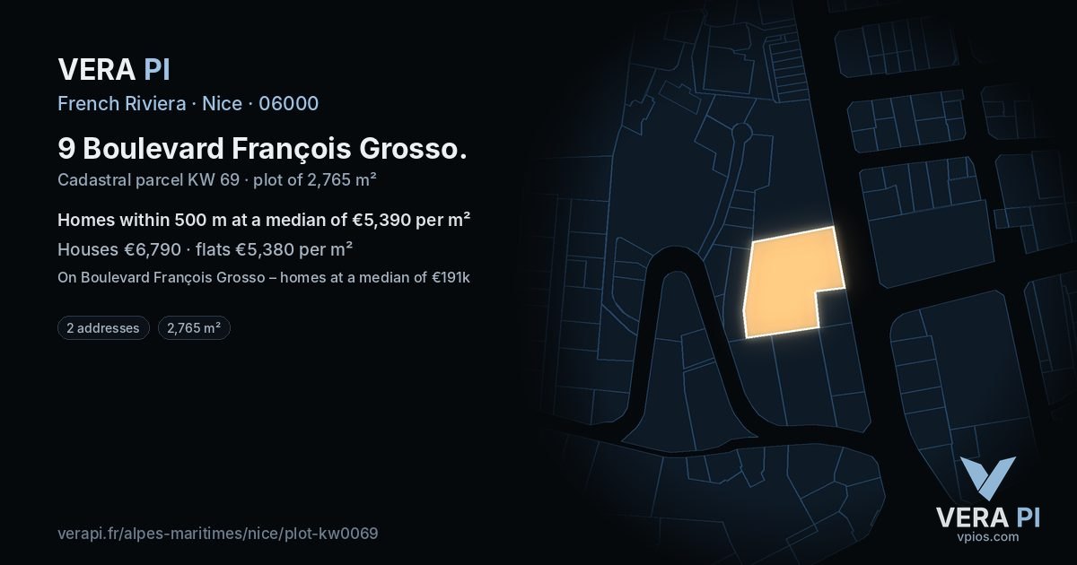 9 Boulevard François Grosso, Nice at night – the plot lit, the parcels around coloured by the prices near them