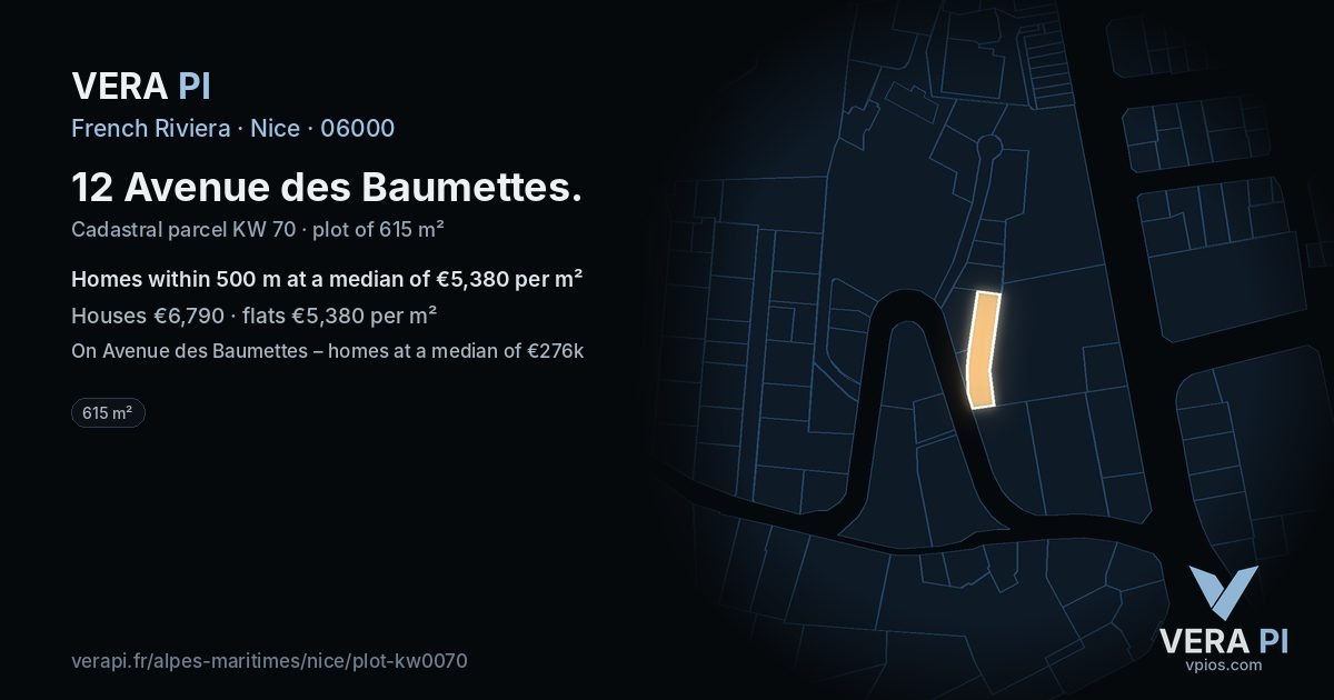 12 Avenue des Baumettes, Nice at night – the plot lit, the parcels around coloured by the prices near them