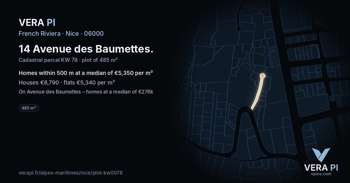 14 Avenue des Baumettes, Nice at night – the plot lit, the parcels around coloured by the prices near them