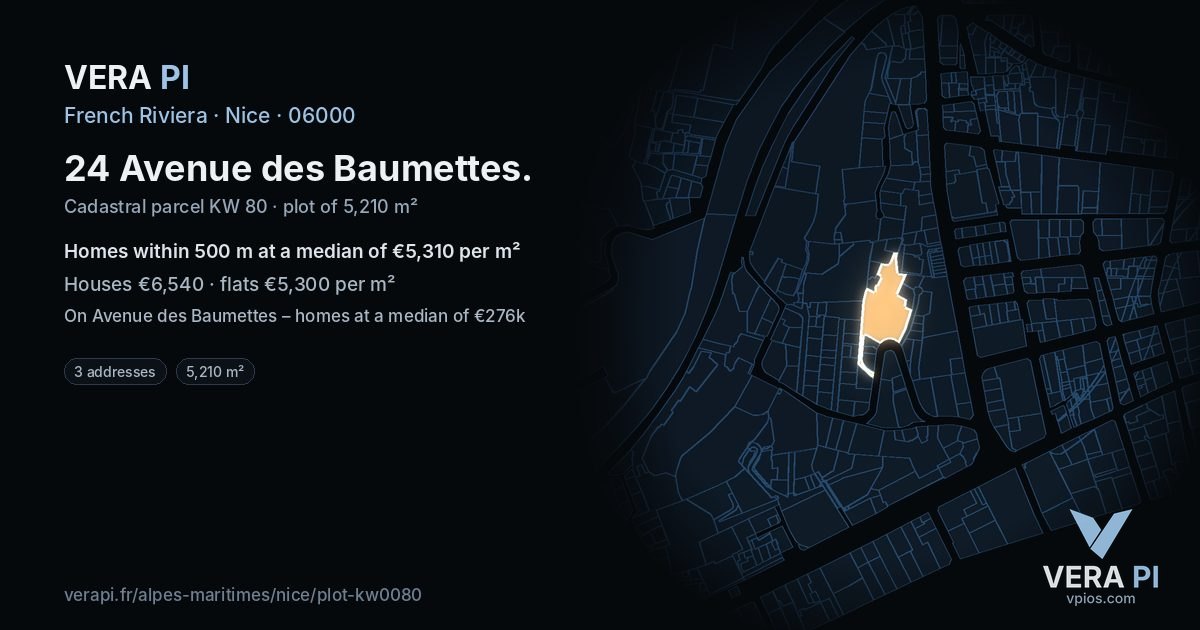 24 Avenue des Baumettes, Nice at night – the plot lit, the parcels around coloured by the prices near them