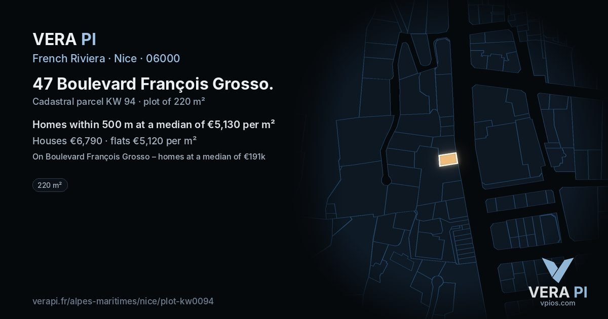 47 Boulevard François Grosso, Nice at night – the plot lit, the parcels around coloured by the prices near them