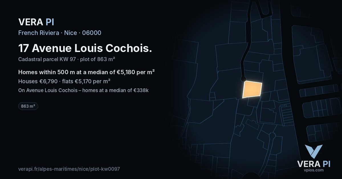 17 Avenue Louis Cochois, Nice at night – the plot lit, the parcels around coloured by the prices near them