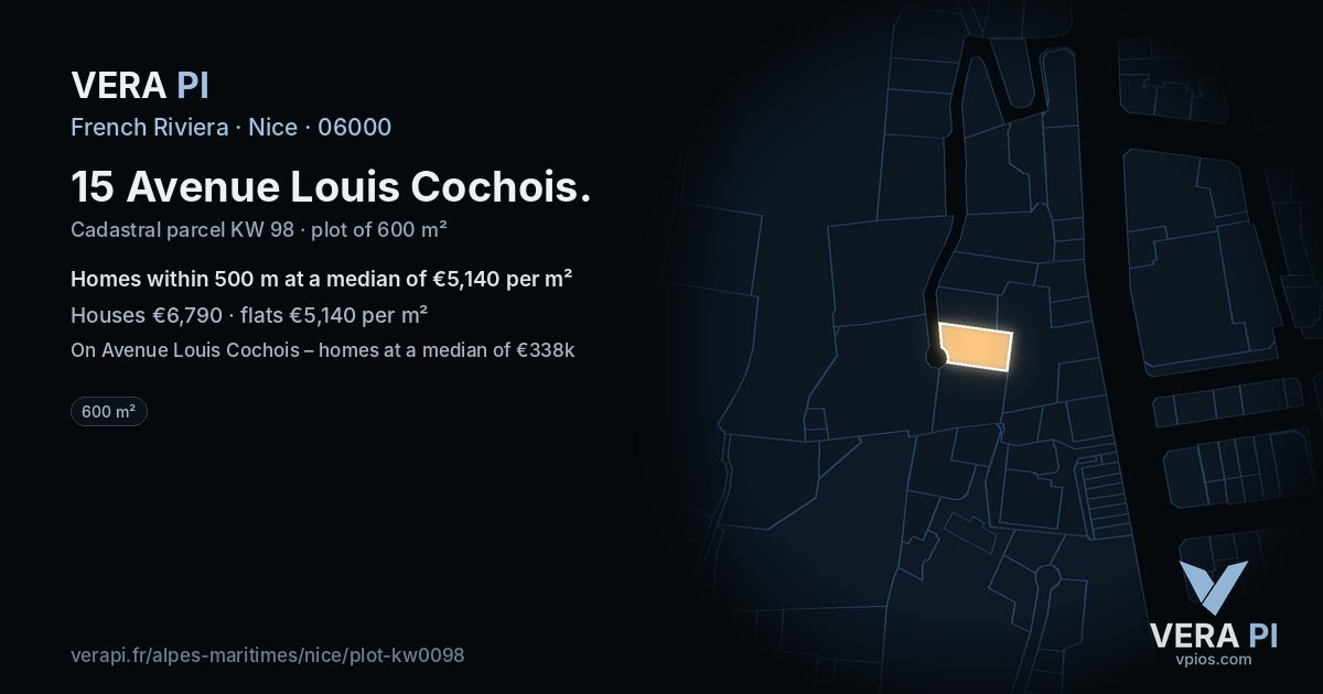 15 Avenue Louis Cochois, Nice at night – the plot lit, the parcels around coloured by the prices near them