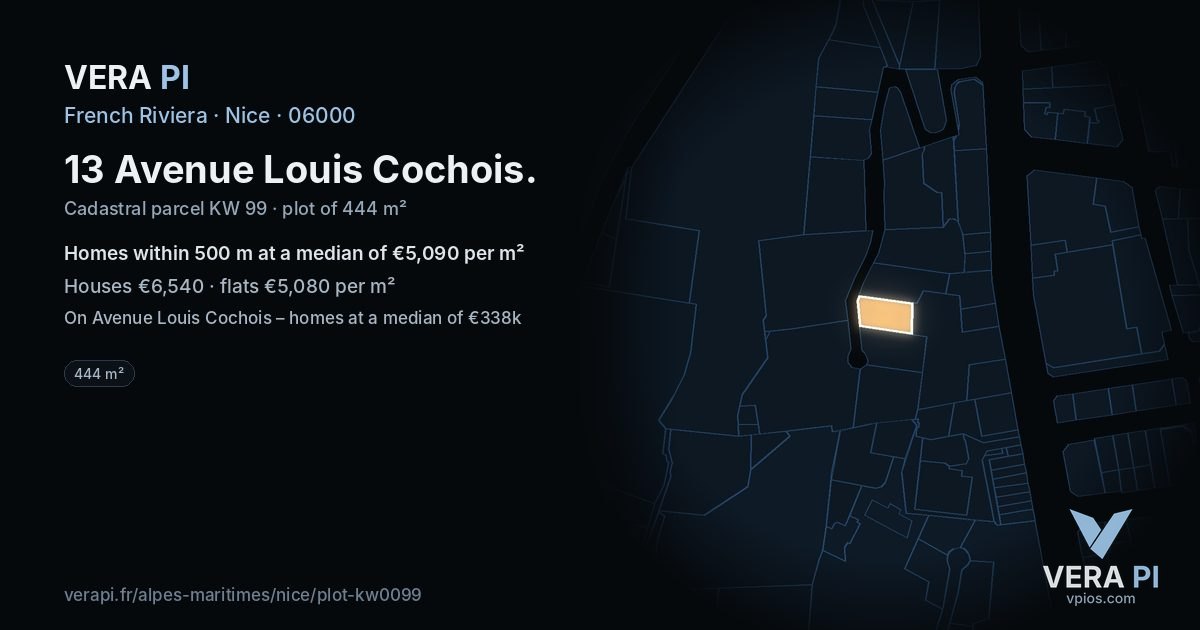 13 Avenue Louis Cochois, Nice at night – the plot lit, the parcels around coloured by the prices near them