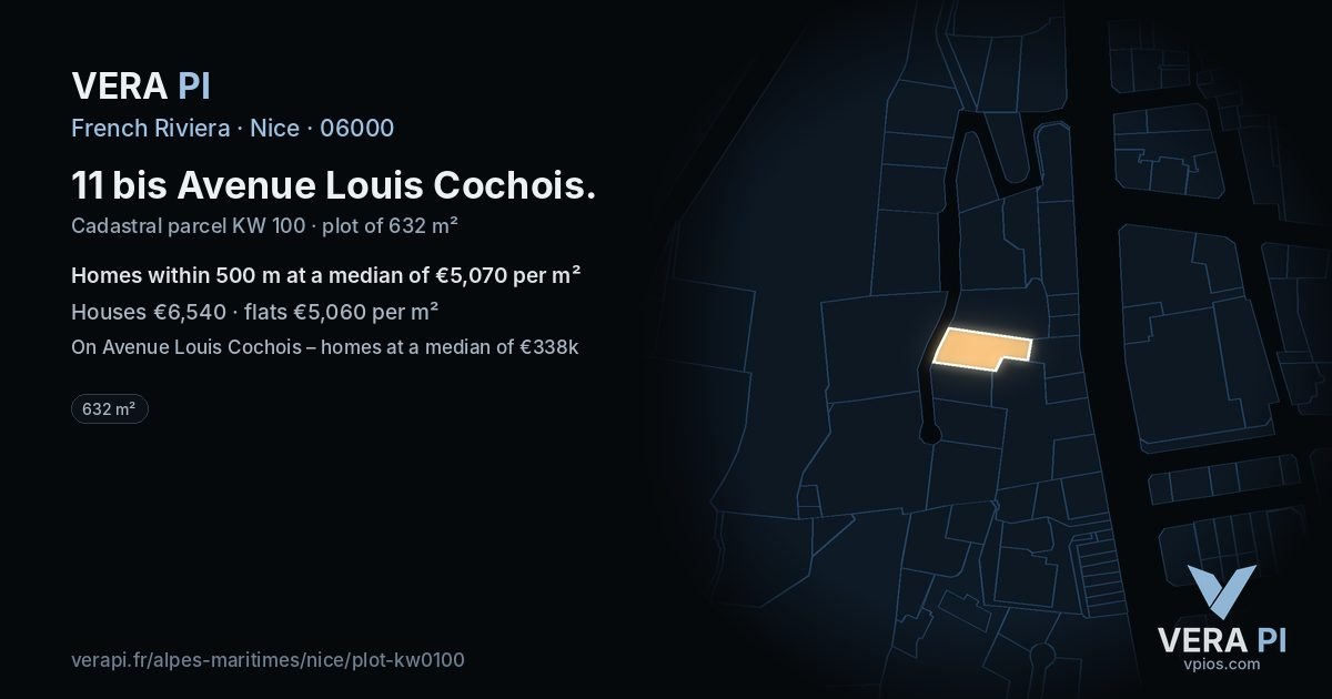 11 bis Avenue Louis Cochois, Nice at night – the plot lit, the parcels around coloured by the prices near them