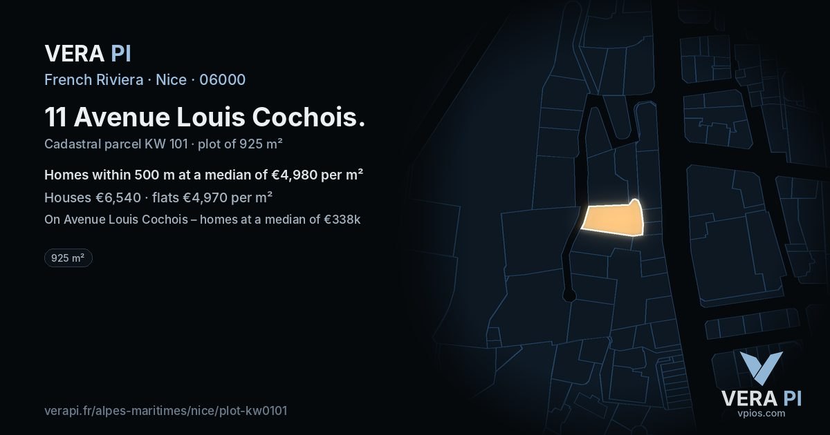 11 Avenue Louis Cochois, Nice at night – the plot lit, the parcels around coloured by the prices near them