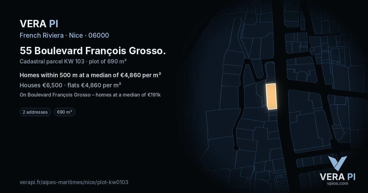 55 Boulevard François Grosso, Nice at night – the plot lit, the parcels around coloured by the prices near them
