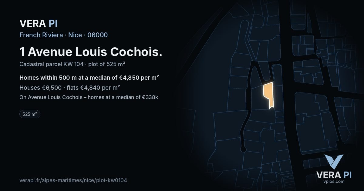 1 Avenue Louis Cochois, Nice at night – the plot lit, the parcels around coloured by the prices near them