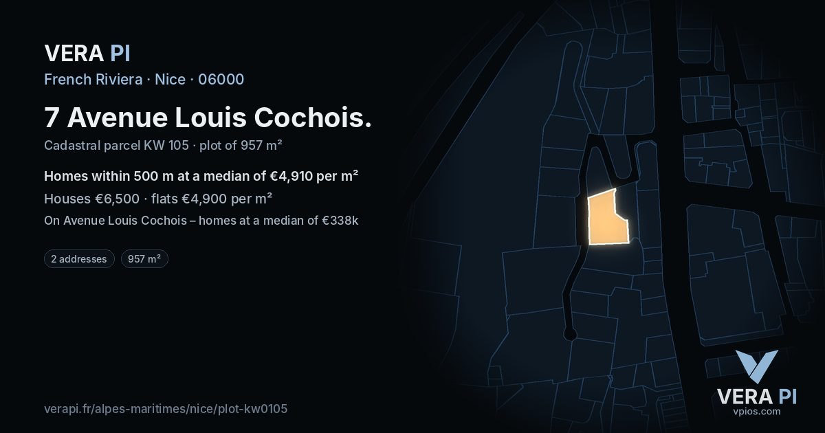 7 Avenue Louis Cochois, Nice at night – the plot lit, the parcels around coloured by the prices near them