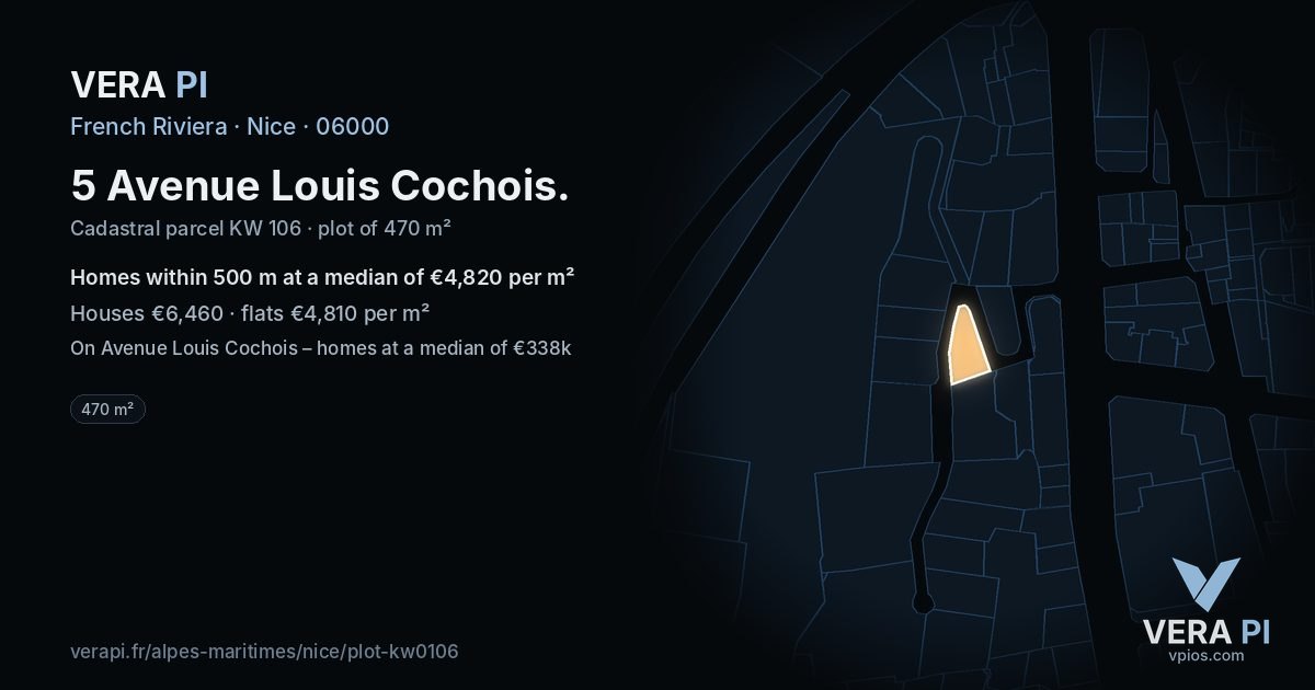 5 Avenue Louis Cochois, Nice at night – the plot lit, the parcels around coloured by the prices near them