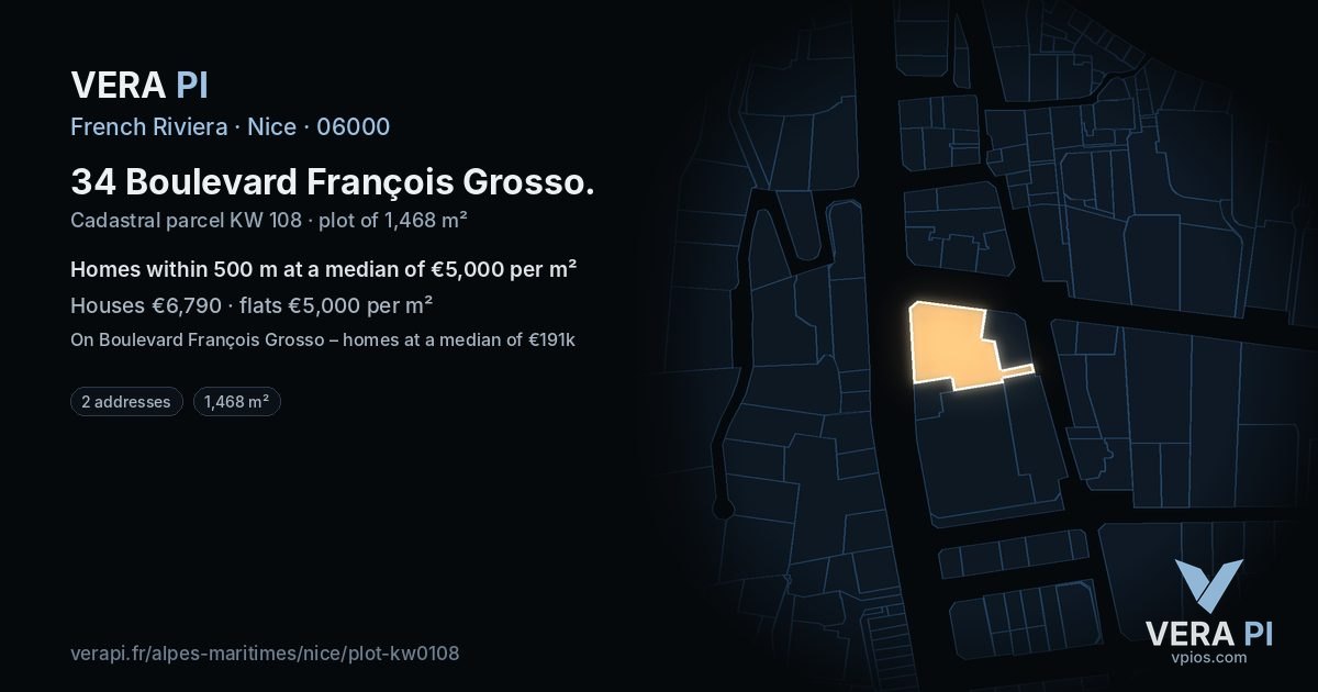 34 Boulevard François Grosso, Nice at night – the plot lit, the parcels around coloured by the prices near them