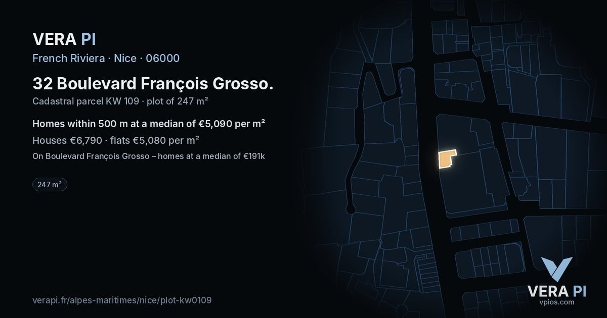 32 Boulevard François Grosso, Nice at night – the plot lit, the parcels around coloured by the prices near them
