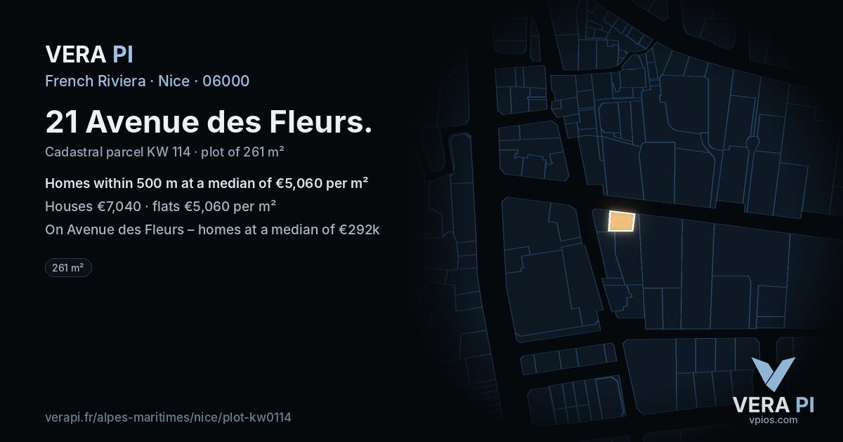 21 Avenue des Fleurs, Nice at night – the plot lit, the parcels around coloured by the prices near them