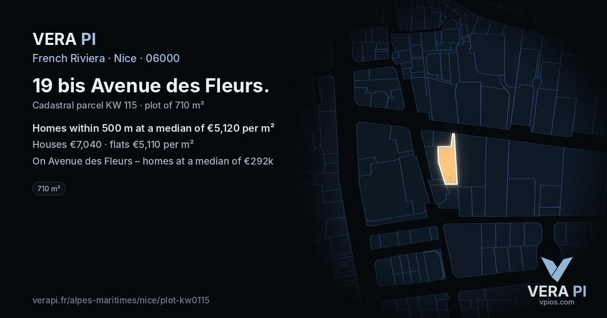 19 bis Avenue des Fleurs, Nice at night – the plot lit, the parcels around coloured by the prices near them