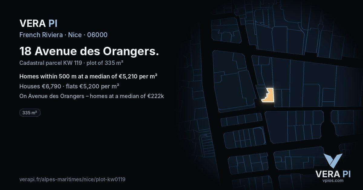 18 Avenue des Orangers, Nice at night – the plot lit, the parcels around coloured by the prices near them