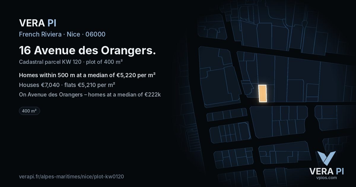 16 Avenue des Orangers, Nice at night – the plot lit, the parcels around coloured by the prices near them