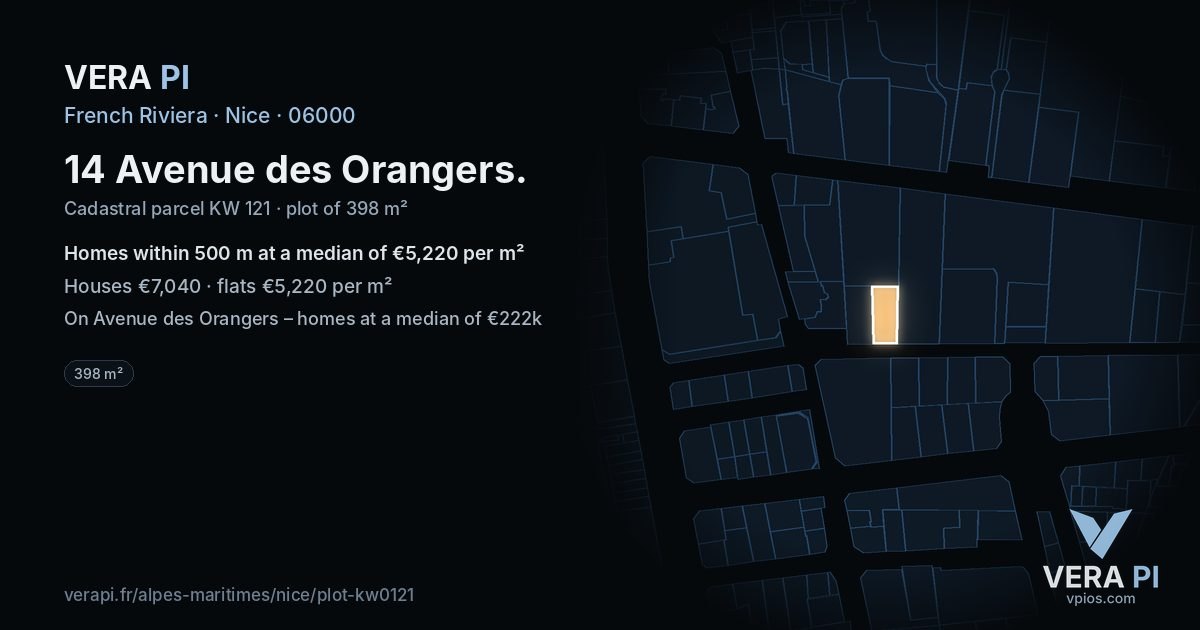 14 Avenue des Orangers, Nice at night – the plot lit, the parcels around coloured by the prices near them