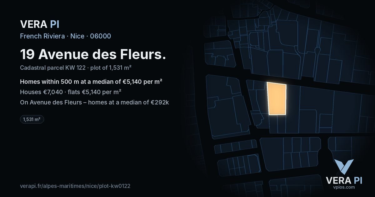 19 Avenue des Fleurs, Nice at night – the plot lit, the parcels around coloured by the prices near them