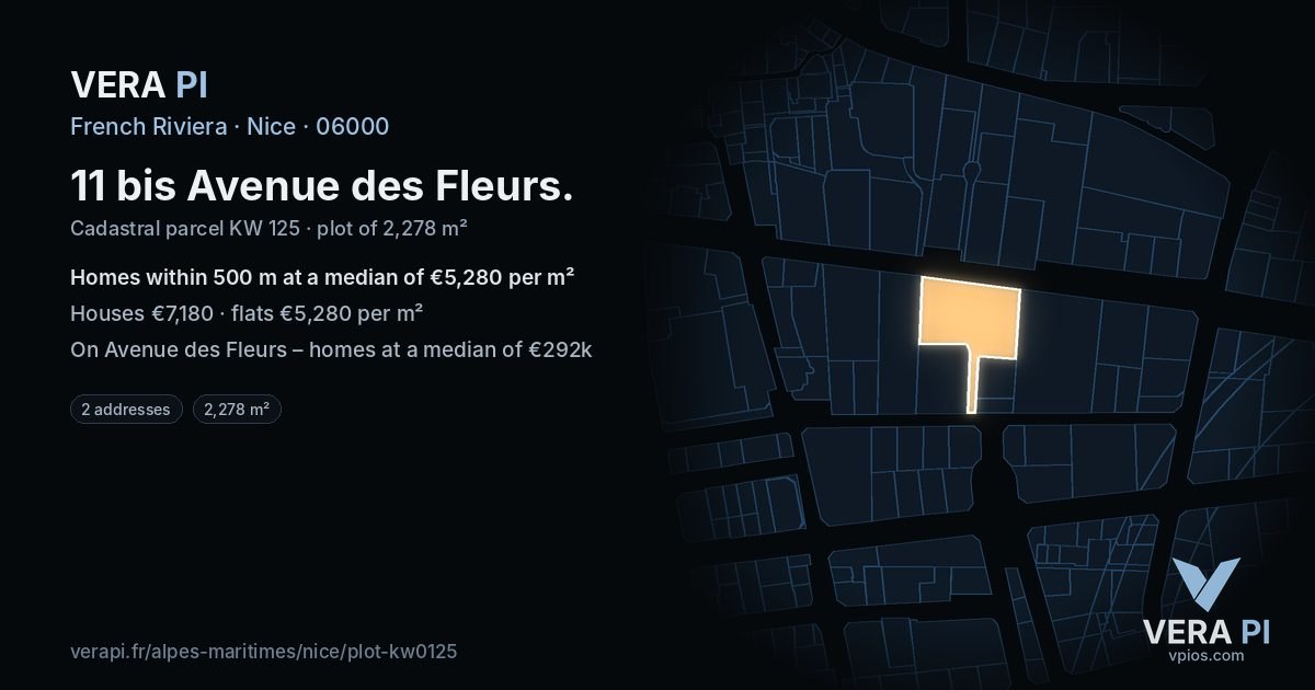 11 bis Avenue des Fleurs, Nice at night – the plot lit, the parcels around coloured by the prices near them
