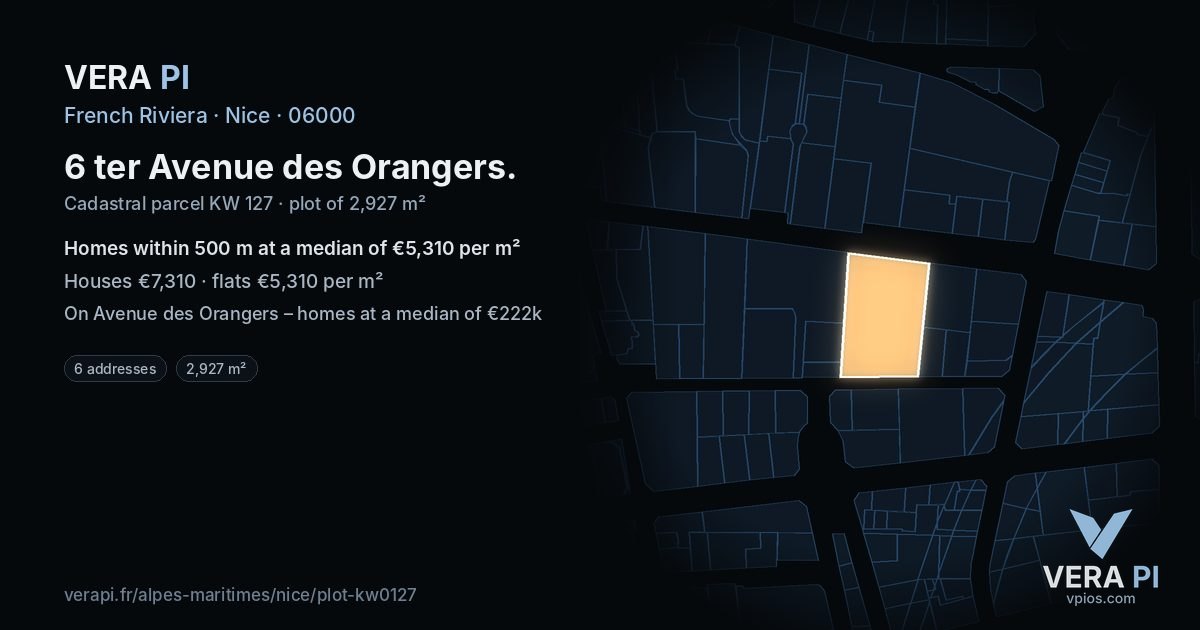 6 ter Avenue des Orangers, Nice at night – the plot lit, the parcels around coloured by the prices near them