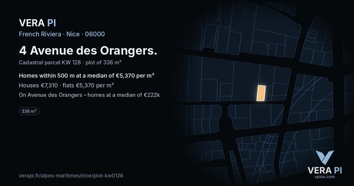 4 Avenue des Orangers, Nice at night – the plot lit, the parcels around coloured by the prices near them